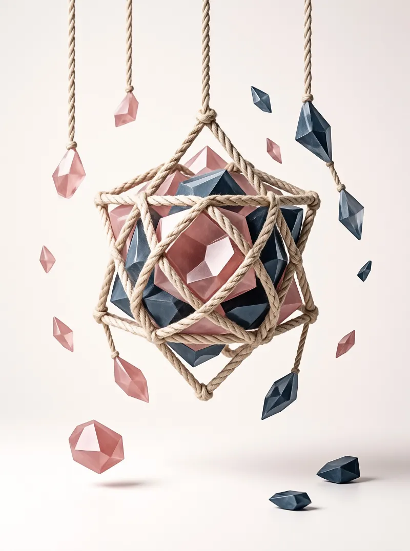 Pink and blue crystals fill a macrame net while falling shards surround the suspended geometric object in studio light.