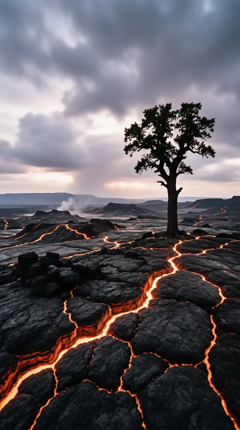 Lone Tree Amidst Glowing Lava