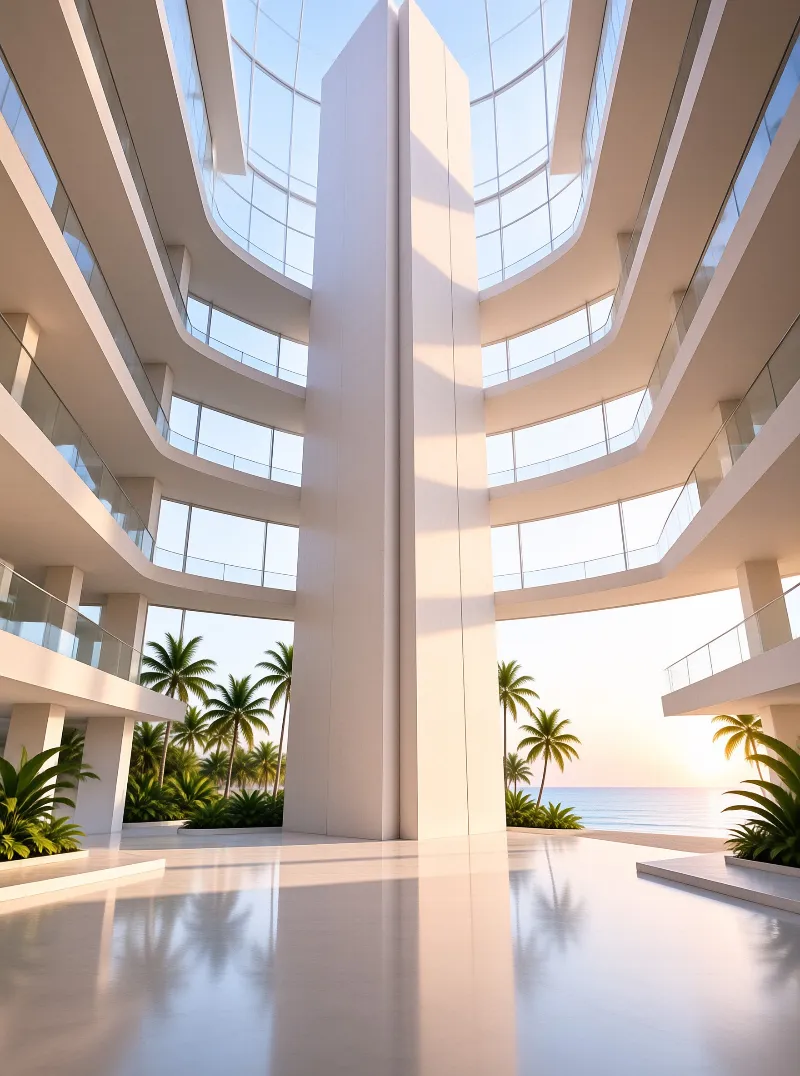 White curved balconies of a modern building overlook a beach with palm trees and a calm ocean under bright sunlight.