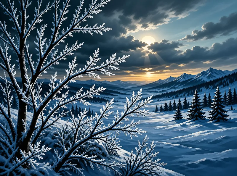 A large frosted tree stands in the foreground while sunlight breaks through clouds above a snowy mountain landscape with pine trees.