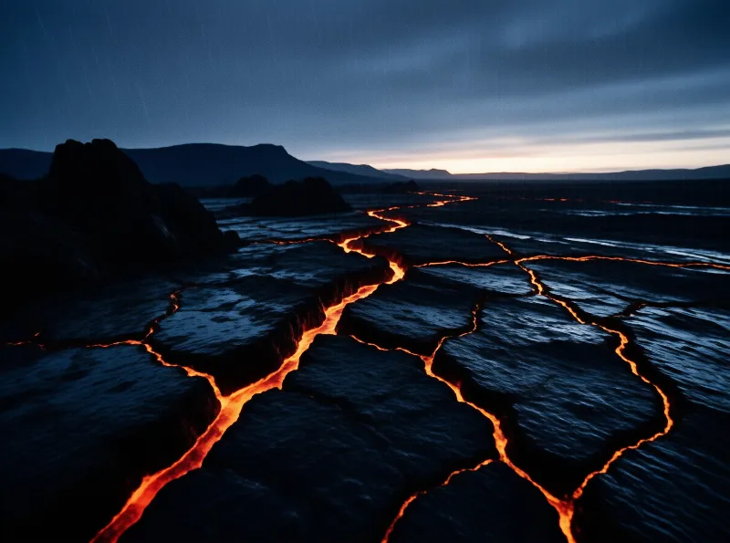 Bright orange molten rock winds through a field of dark solidified lava under a twilight blue sky.