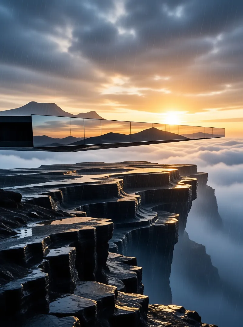 A sleek transparent structure extends over dark rock formations while rain streaks through a golden sunset sky.