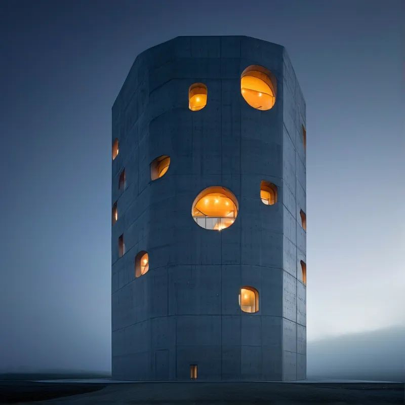 A tall board-marked concrete cylinder stands in evening fog, its irregular circular windows lit from inside with amber light.