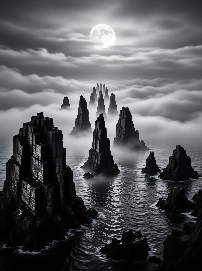 Jagged stone spires emerge from a foggy sea beneath a bright full moon illuminating the water.