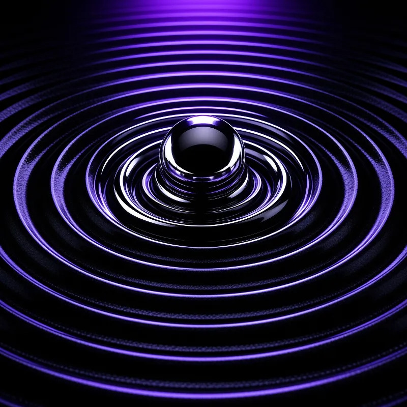 A glossy black droplet sits on a dark surface emitting concentric circles of bright violet light.