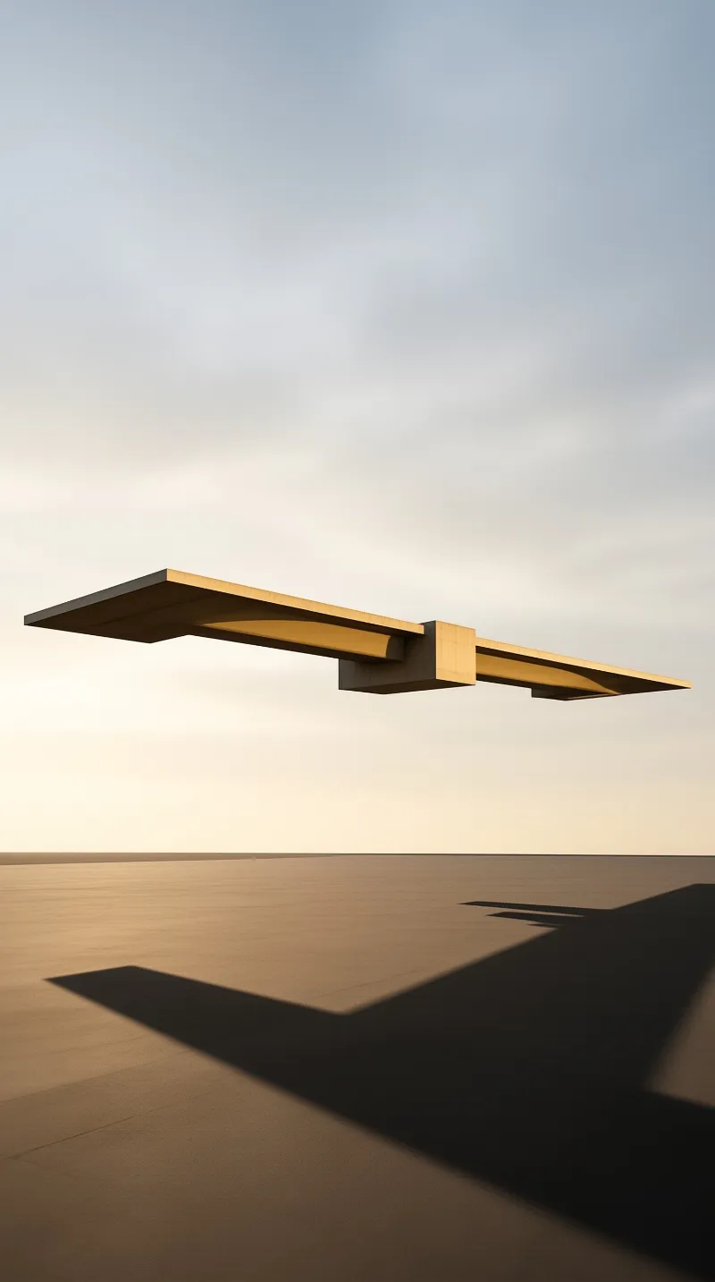 A surreal beige architectural structure hovers silently above a vast empty desert landscape under a soft pale sky.