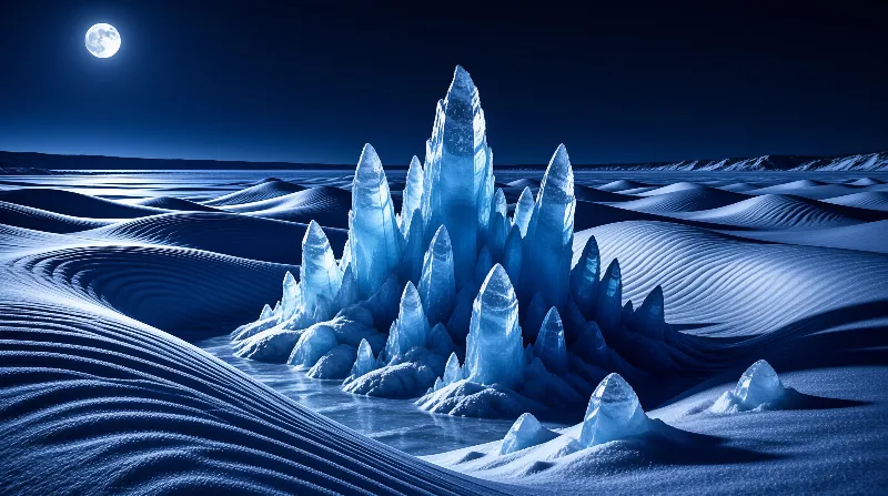 Luminous blue crystal spires rise from rippled frozen plains under a dark night sky lit by a distant bright full moon.