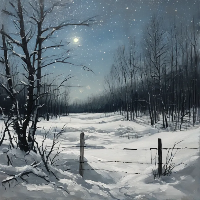 A painterly winter night shows a snow covered field and bare trees beneath a moonlit sky scattered with stars