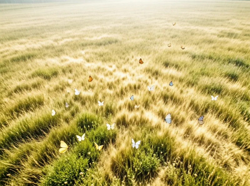 Colorful butterflies drift across a sunlit field of tall golden grass stretching toward a hazy horizon.