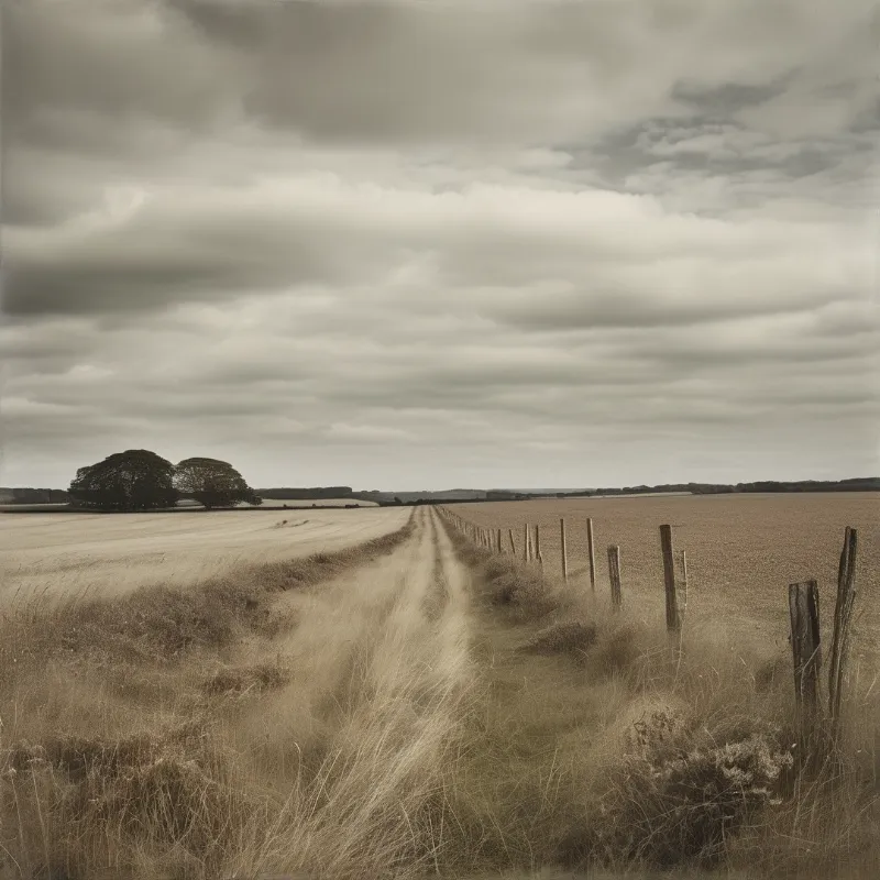 A worn dirt lane recedes toward the horizon between harvested fields beneath a heavy overcast sky in sepia tones