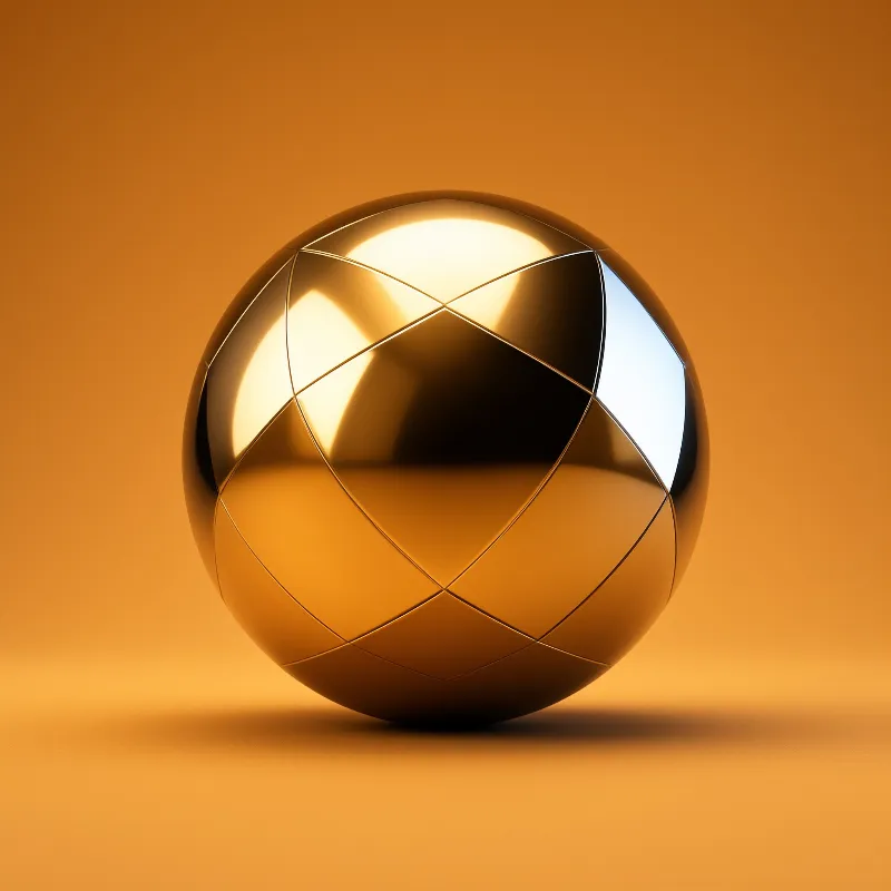 A glossy metallic orb featuring geometric diamond shapes rests against a matching amber surface.