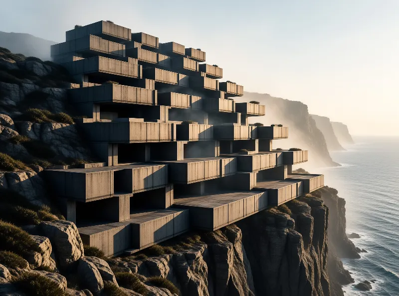 Stacked concrete cubes form a building on a cliff overlooking the ocean with warm sunlight and misty mountains behind.