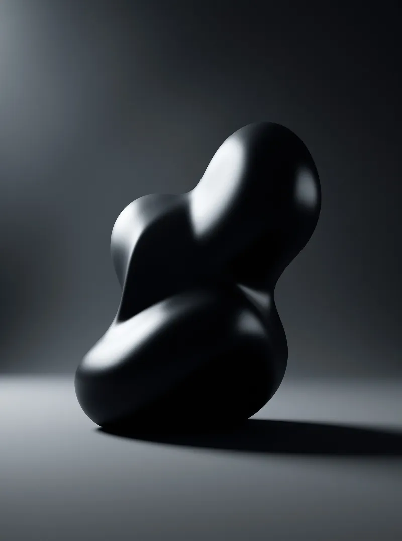 A glossy black amorphous shape rests on a gray surface, lit by soft light that creates bright highlights on its curves.