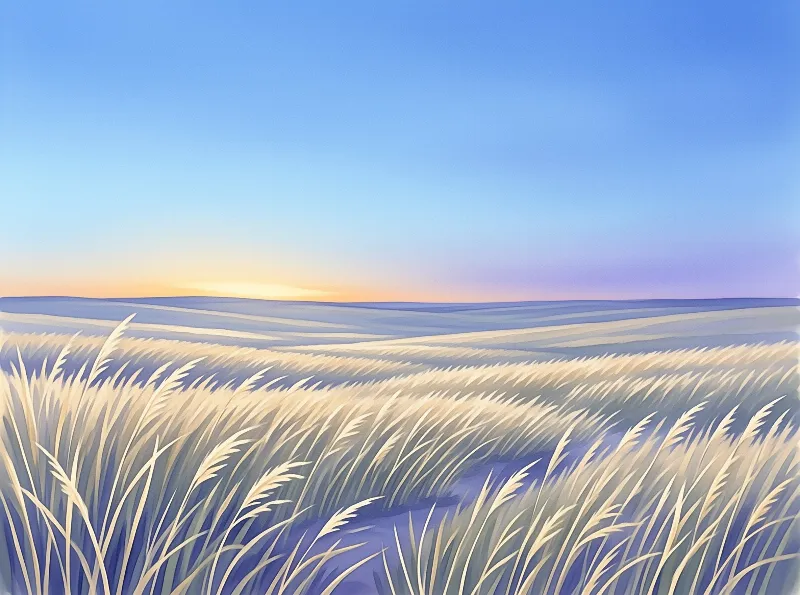 Rippling pale golden wheat sways across open plains under a fading twilight sky with a warm pale horizon glow