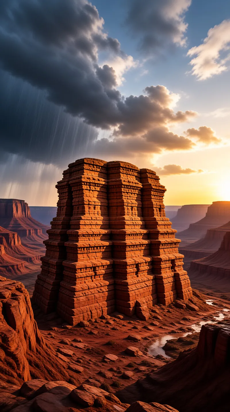 A blocky red rock tower catches low sun while a curtain of rain falls over distant canyon mesas.