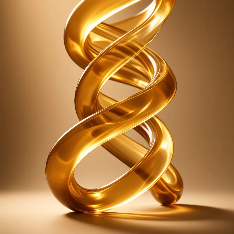 A glossy amber ribbon twists into a tall spiral form, resting on a smooth surface with warm light casting shadows.