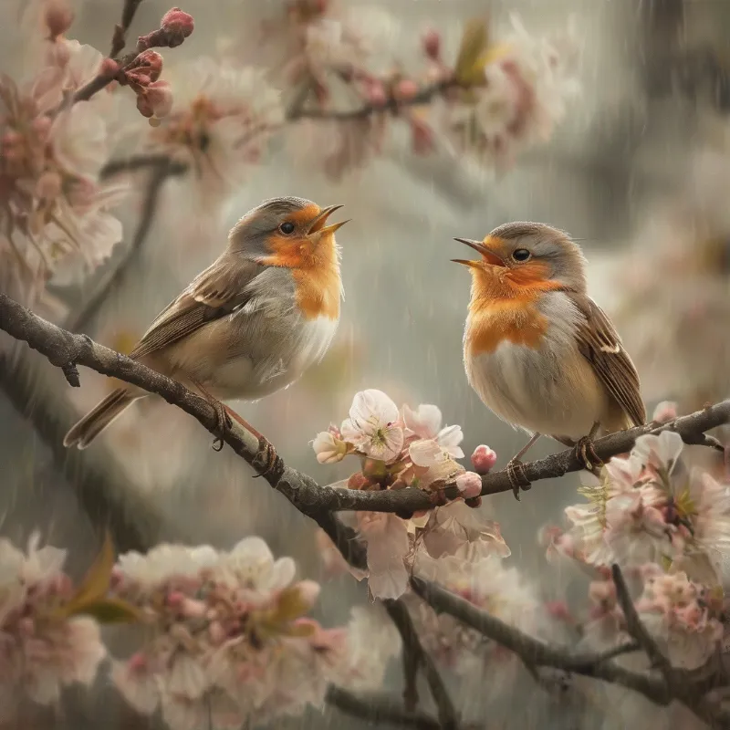 Two European robins with open beaks face each other perched on a dark branch among pale pink spring blossoms in soft muted light.