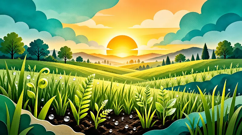 Stylized landscape showing rolling green hills and grassy foreground beneath a bright orange sun on the horizon.