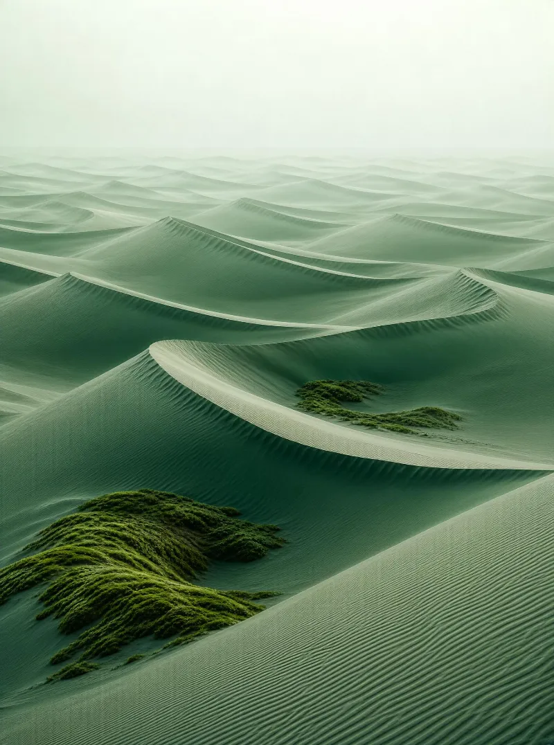 Green sand dunes extend across a foggy desert expanse, with dense green moss clusters nestled in the dune valleys and fine wind-sculpted ripples covering the sandy slopes.