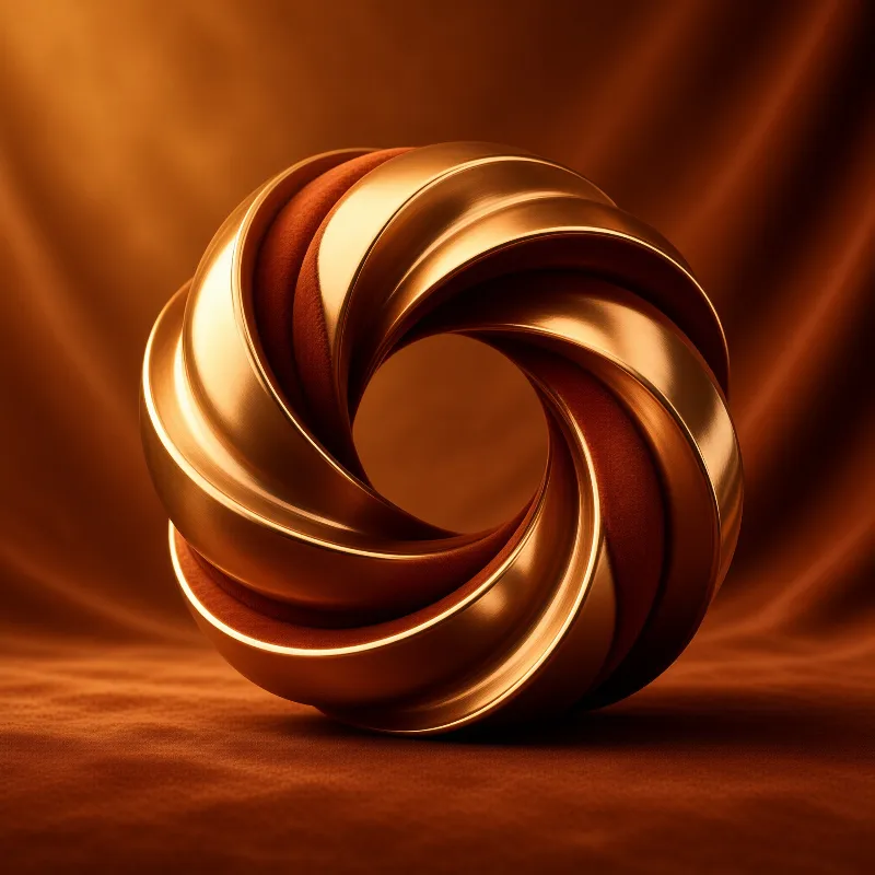 Interlocking bands of brushed metal curl into a knot, set against rippling copper fabric lit from the side.