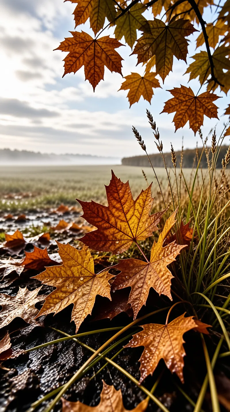 Wet maple leaves with dewdrops rest on grass in a misty field under a soft sky.