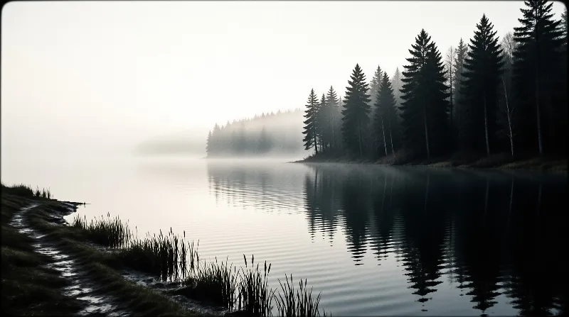 A still grey lake mirrors a line of dark conifers as morning mist drifts over the far shoreline.