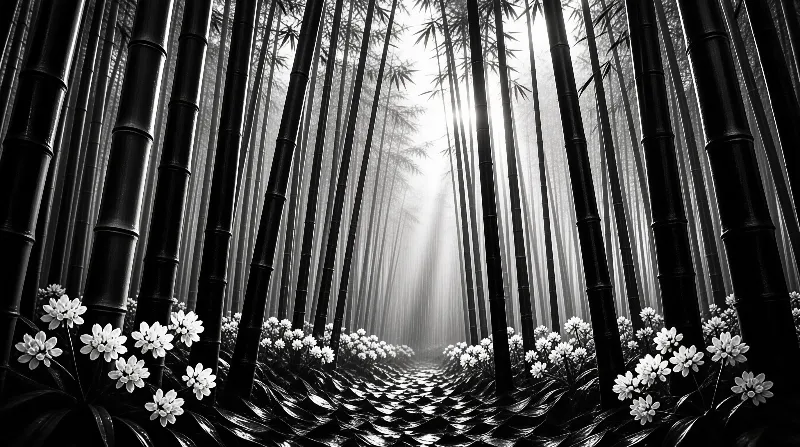 Tall bamboo trees frame bright sunlight beams shining through a misty forest filled with small white flowers.