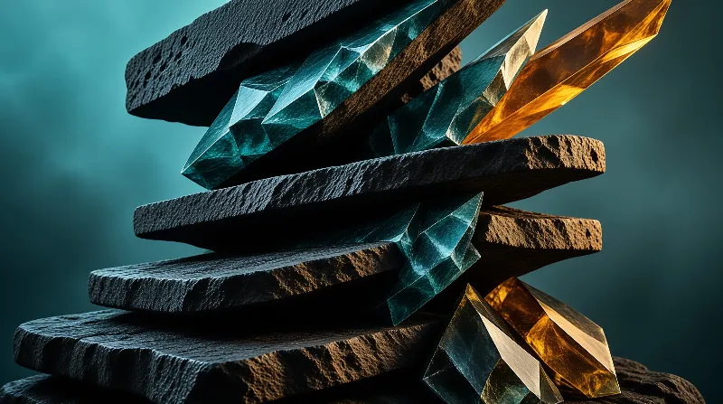Jagged teal and amber gemstones balanced between porous black layers against a smooth blue gradient background.
