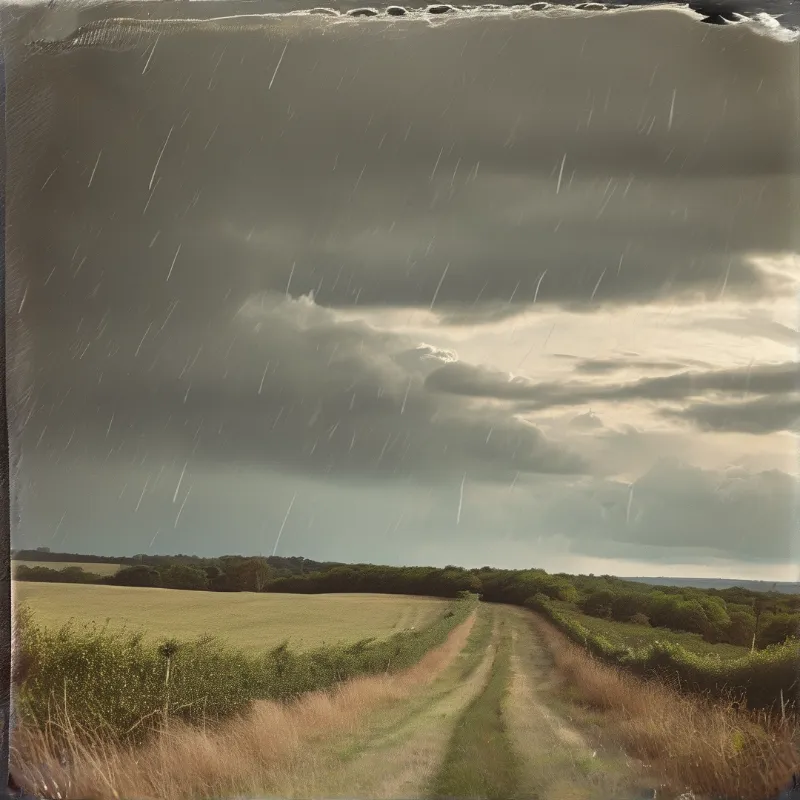 A muddy path curves through grassy fields while heavy rain falls against a backdrop of dark storm clouds.