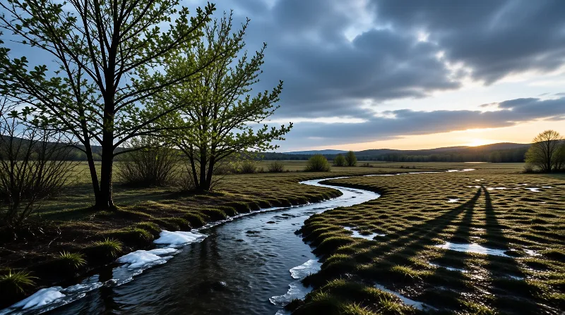 Spring Meadow Stream at Dusk