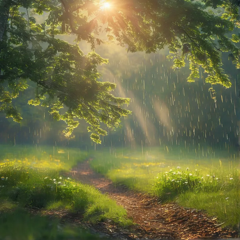 Golden rays filter through foliage above a muddy trail as vertical rain streaks fall across the green grass.