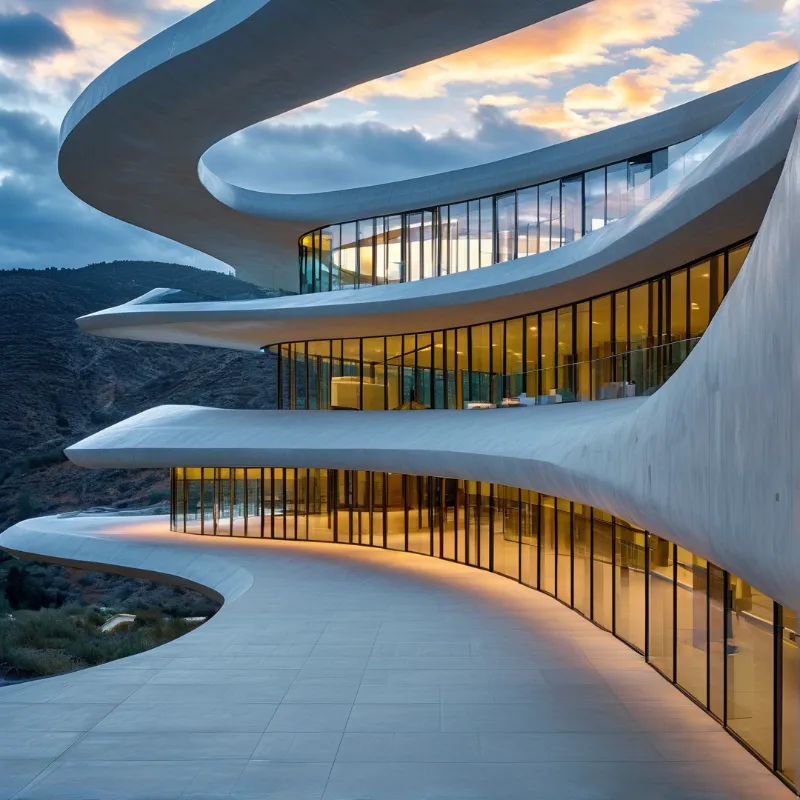 A white organic structure with stacked curved balconies and glowing windows rests against a dark hillside during twilight.