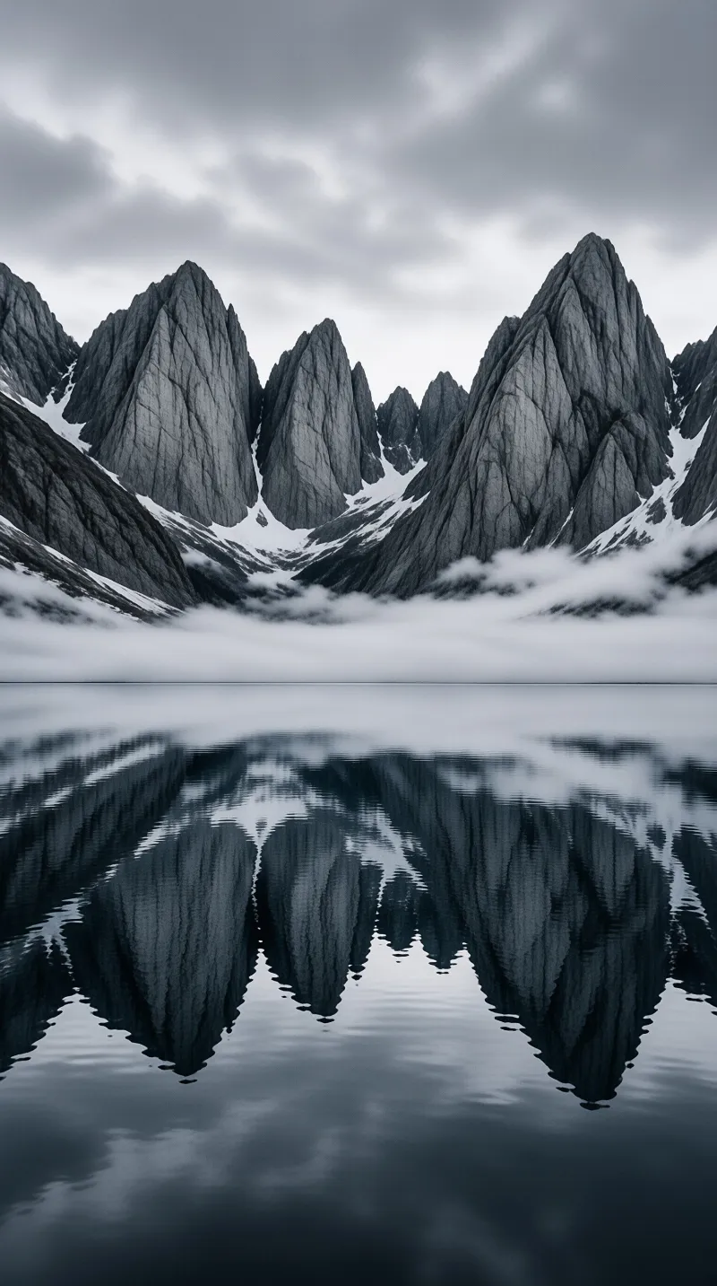 Sharp dark mountains with snow patches rise from a glassy lake reflecting their inverted shapes under a cloudy gray sky.