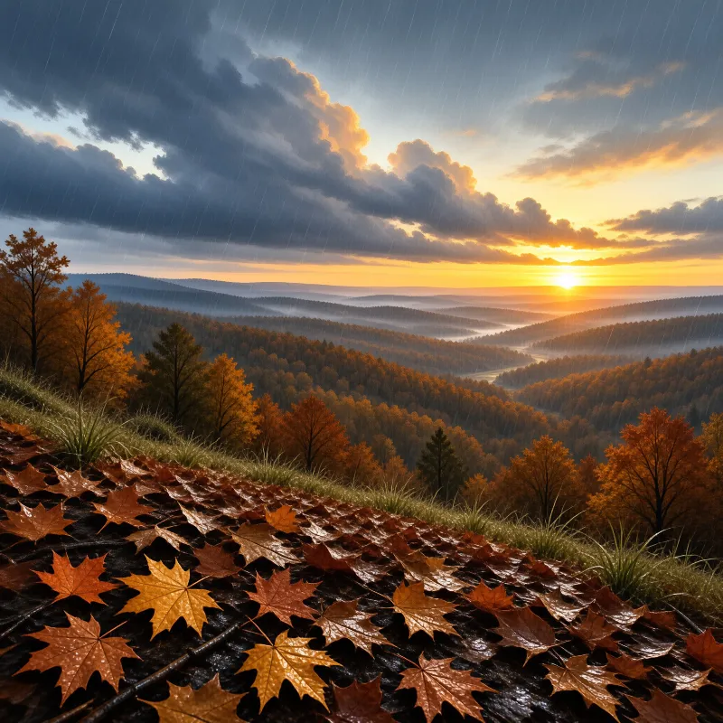 Wet orange maple leaves carpet a slope above forested hills glowing in a rainy golden sunset