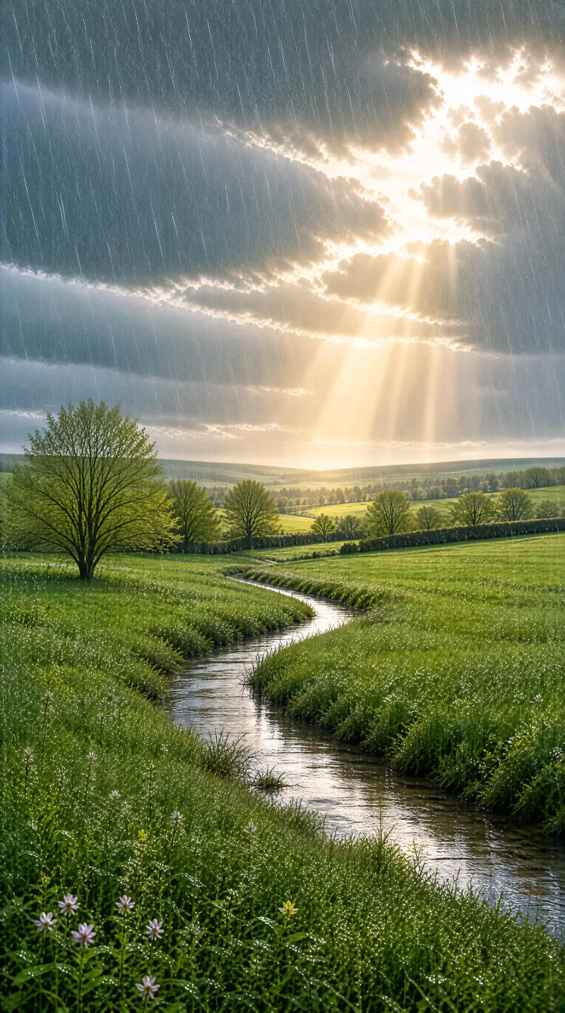 Rainy Landscape with Sunbeams