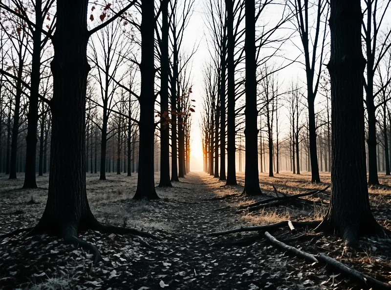 Rows of dark leafless trees surround a dirt path leading to a glowing sun in a foggy forest.