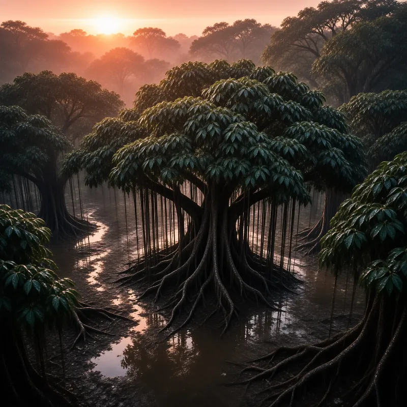 Dense mangrove trees with hanging aerial roots stand in calm shallow water during warm morning mist.