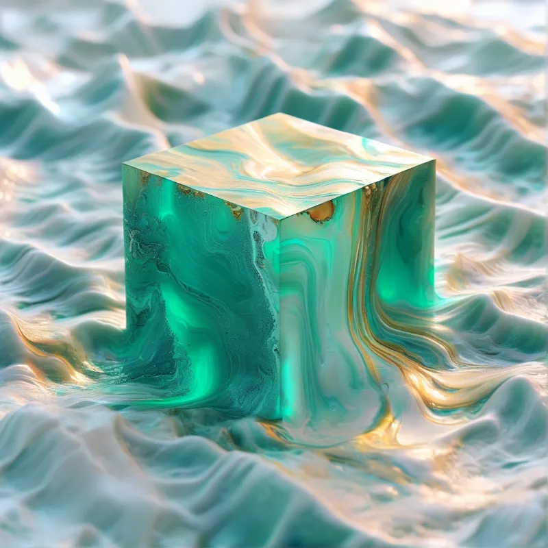 A translucent green cube with gold veining sits in a sea of slow cream and teal ripples that swirl around its edges.