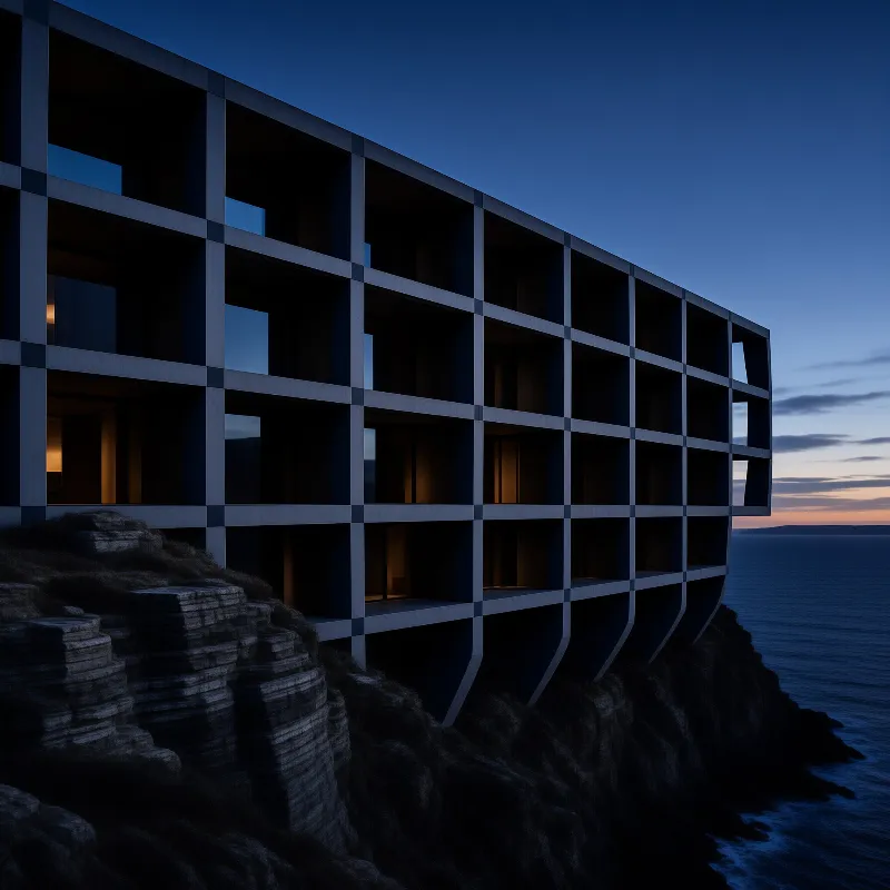 Modern grid building on rocky cliff overlooking ocean at twilight with warm interior lights glowing against the dark sky.