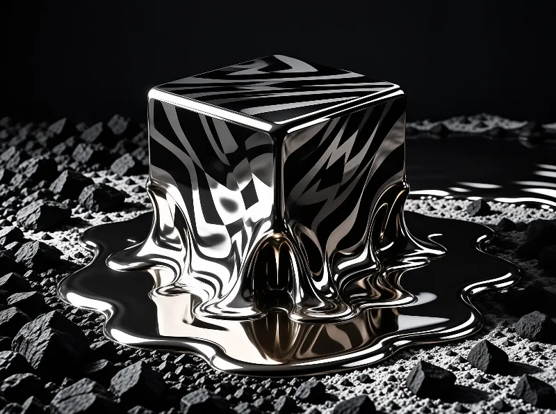 A reflective metallic block melts onto a surface covered with black and white pebbles under bright directional light.