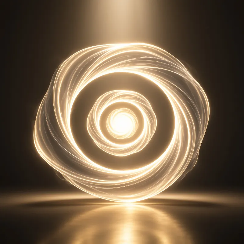 A luminous golden vortex of swirling light rings sits above a smooth glossy floor with warm ambient illumination.