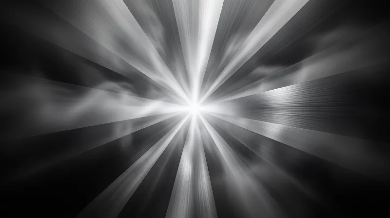 A bright white starburst radiates outward from a central point against a dark gray void creating a sense of speed.