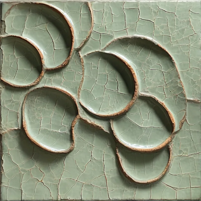 A pale green ceramic tile with a crackled glaze displays raised organic lobes with brownish exposed clay edges.