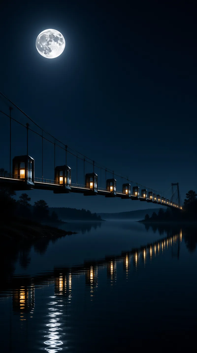 A suspension bridge carries lit cabins across calm water beneath a bright full moon in the night sky.