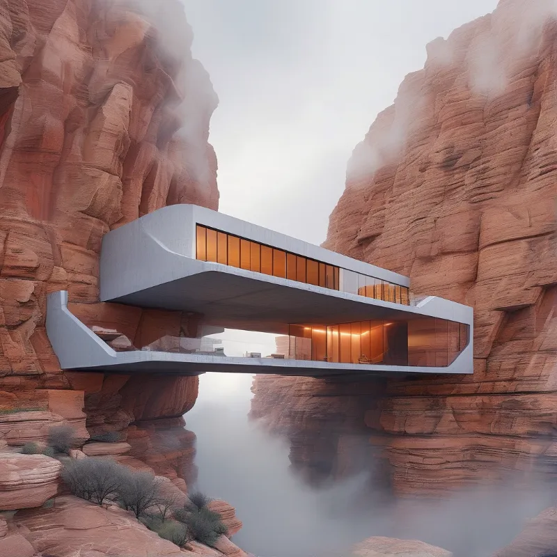 Modern white building extending between towering red rock formations with fog rising below and warm orange light glowing from large glass windows