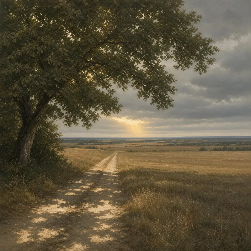 A dirt path winds through a golden field with a large tree on the left and sunlight breaking through stormy clouds in the distance