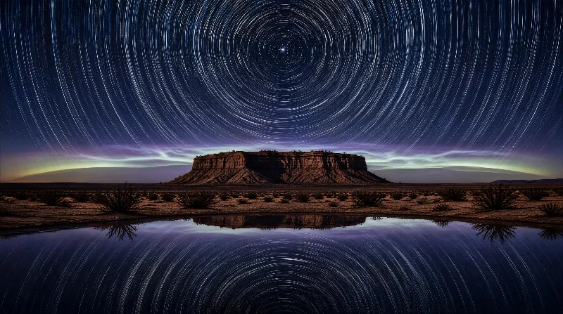 A flat-topped mesa in a desert at night, with star trails circling the sky and its reflection in still water below.