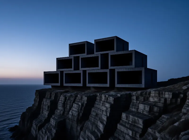 Layered hollow concrete cube architecture sits atop a rocky coastal cliff overlooking the ocean under gradient twilight sky.