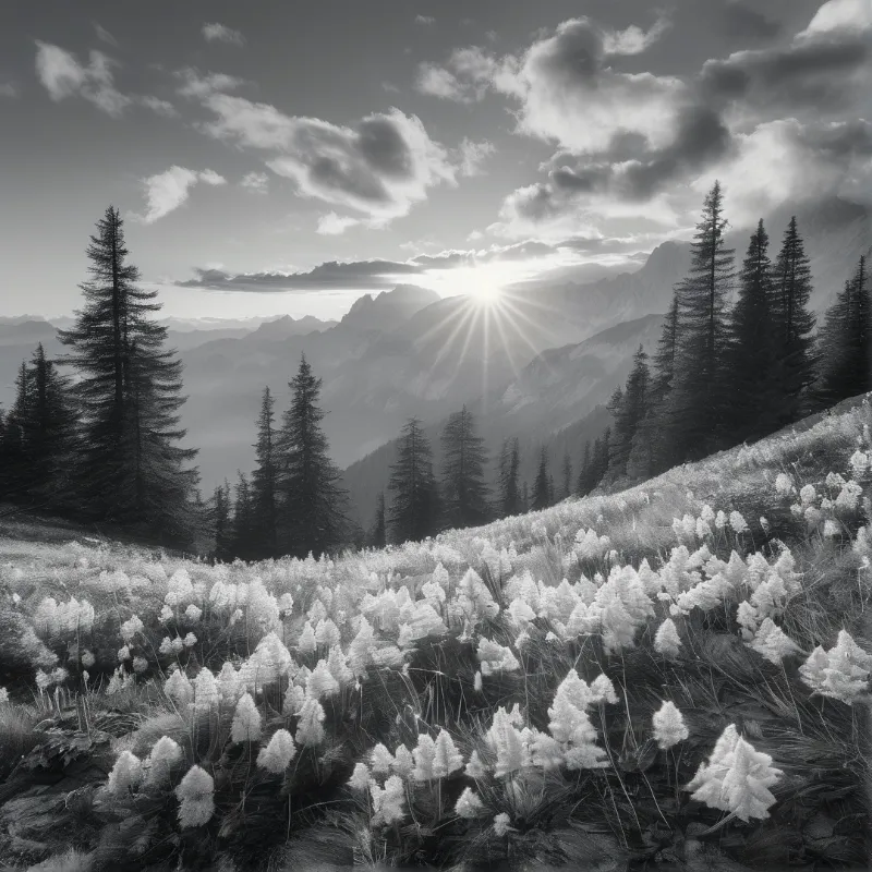 Tall wildflowers populate a meadow as bright sunbeams shine over a distant range of pine trees in a high contrast landscape.
