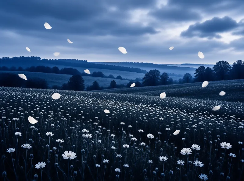 A vast field of white blossoms spreads across rolling hills beneath a moody sky with scattered petals.